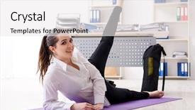  Presentation with flat lay of female sport - Colorful slide deck enhanced with sports company - female employee doing sport exercises backdrop and a white colored foreground