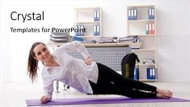  Presentation with flat lay of female sport - Cool new slide deck with sports company - female employee doing sport exercises backdrop and a  colored foreground