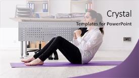  Presentation with female sport - Amazing slide set having sports company - female employee doing sport exercises backdrop and a  colored foreground