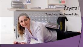  Presentation with female sport - Beautiful PPT theme featuring sports company - female employee doing sport exercises backdrop and a  colored foreground