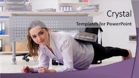  Presentation with flat lay of female sport - Colorful slide set enhanced with sports company - female employee doing sport exercises backdrop and a light gray colored foreground