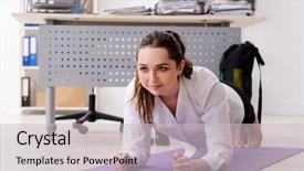  Presentation with female sport - Cool new slide deck with sports company - female employee doing sport exercises backdrop and a light gray colored foreground