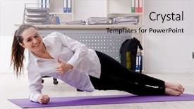  Presentation with female sport - Colorful theme enhanced with sports company - female employee doing sport exercises backdrop and a light gray colored foreground