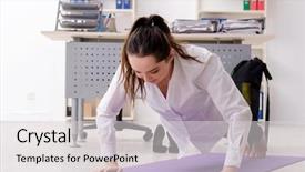  Presentation with female sport - PPT theme having sports company - female employee doing sport exercises background and a light gray colored foreground