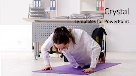  Presentation with female sport - Slide set with sports company - female employee doing sport exercises background and a light gray colored foreground