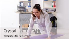  Presentation with female sport - Audience pleasing presentation design consisting of sports company - female employee doing sport exercises backdrop and a light gray colored foreground