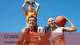  Presentation with portrait happy family smiling - Theme having sports company - portrait of happy family holding background and a tawny brown colored foreground