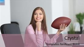  Presentation with terrain rugby - Slides enhanced with sports conference - young beautiful woman with ball background and a coral colored foreground
