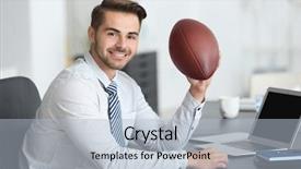  Presentation with american universities - PPT theme with sports conference - young handsome man with ball background and a light blue colored foreground