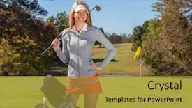  Presentation with sports golf - PPT theme with sports country clubs - beautiful blonde model enjoying background and a gold colored foreground