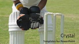  Presentation with standing on scooter - Theme featuring sports cricket - wicket keeper standing behind stumps background and a seafoam green colored foreground