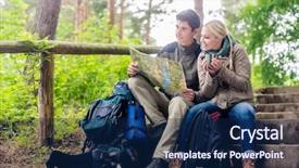  Presentation with man vs woman - Audience pleasing theme consisting of sports drink - hiking couple woman and man backdrop and a  colored foreground