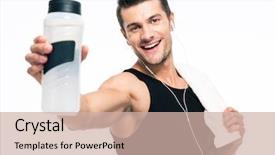  Presentation with water bottle - PPT layouts with sports drink - smiling fitness man holding towel background and a soft green colored foreground