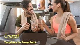  Presentation with hydration - Slide deck with sports drinks machines - cheerful young man and woman background and a tawny brown colored foreground