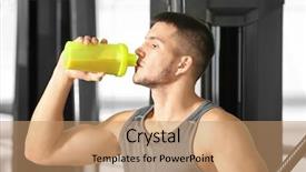  Presentation with protein shake - Slide deck with sports drinks machines - handsome young man drinking protein background and a coral colored foreground