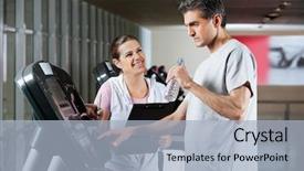  Presentation with treadmill - Presentation enhanced with sports drinks machines - happy female instructor looking background and a light blue colored foreground