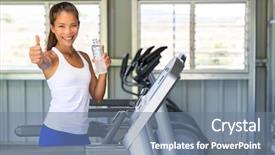 Presentation with running treadmill - Audience pleasing presentation consisting of sports drinks machines - happy fitness runner woman thumbs backdrop and a gray colored foreground