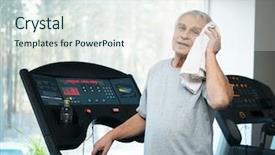  Presentation with treadmill - Colorful presentation design enhanced with sports drinks machines - tired senior man backdrop and a sky blue colored foreground