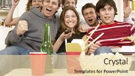  Presentation with television watching - Slides with sports entertainment - group of friends watching television background and a  colored foreground