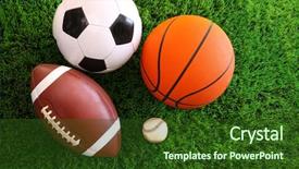  Presentation with equipment - Presentation theme with sports equipment - assortment of sport balls background and a tawny brown colored foreground
