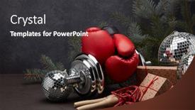  Presentation with variety of sports equipment - Slide deck with sports-equipment-dumbbell-boxing-gloves background and a dark gray colored foreground