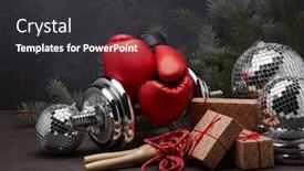  Presentation with dark grey - PPT theme having sports-equipment-dumbbell-boxing-gloves background and a dark gray colored foreground