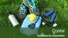  Presentation with equipment - Colorful slide set enhanced with sports equipment on green grass backdrop and a tawny brown colored foreground