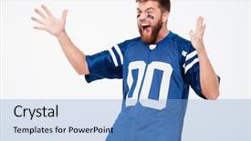  Presentation with white and navy blue - PPT layouts consisting of sports fans - screaming excited man fan background and a light blue colored foreground