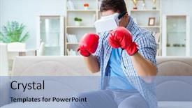  Presentation with virtual reality shooter - PPT layouts enhanced with sports games - man wearing virtual reality vr background and a  colored foreground