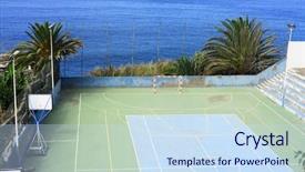  Presentation with sports - Audience pleasing PPT theme consisting of sports ground by the sea backdrop and a sky blue colored foreground