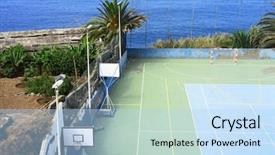  Presentation with group of sports balls - PPT theme enhanced with sports ground by the sea background and a light blue colored foreground