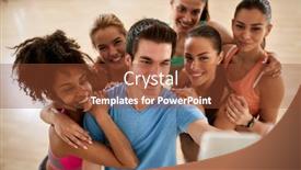  Presentation with group fitness - Amazing PPT theme having sports group in fitness gym backdrop and a tawny brown colored foreground