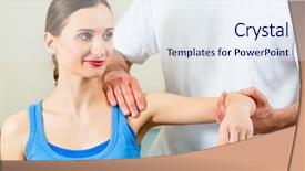  Presentation with massage therapist - Presentation theme with sports injury - female patient at the physiotherapy background and a sky blue colored foreground