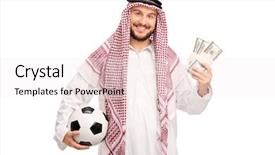  Presentation with few thread bobbin isolated - Colorful slide set enhanced with sports investments - young joyful arab holding backdrop and a sky blue colored foreground