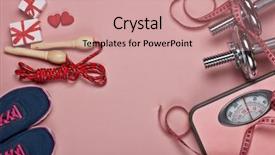  Presentation with red grey - Cool new PPT theme with sports invitation - dumbbells sneakers scales skipping rope backdrop and a coral colored foreground