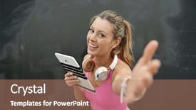  Presentation with fitness - Audience pleasing slides consisting of sports invitation - happy fitness instructor with tablet backdrop and a coral colored foreground