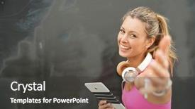  Presentation with tablets wood table tablet white - PPT theme enhanced with sports invitation - happy fitness instructor with tablet background and a dark gray colored foreground