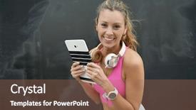  Presentation with brain fitness - Colorful slides enhanced with sports invitation - happy fitness instructor with tablet backdrop and a coral colored foreground