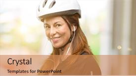  Presentation with triathlon professional cyclist man cycling - Audience pleasing slides consisting of sports invitation - middle age cyclist woman using backdrop and a  colored foreground