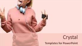  Presentation with refueling for sport - Slide set with sports invitation - young sport woman with headphones background and a  colored foreground