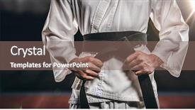  Presentation with sports judo - PPT theme featuring sports judo - fighter tightening karate belt background and a violet colored foreground