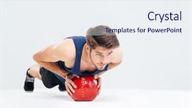  Presentation with ball sports - Slide deck enhanced with sports man working out with fitness ball isolated on a gray background background and a sky blue colored foreground