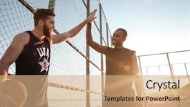  Presentation with sports - Presentation theme having sports men giving high five background and a coral colored foreground