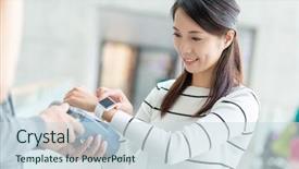  Presentation with pay - PPT layouts with sports money - woman using smart watch background and a sky blue colored foreground