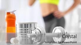  Presentation with protein - Cool new theme with sports nutrition - composition with metal dumbbell protein backdrop and a light gray colored foreground
