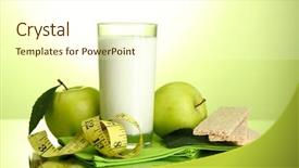  Presentation with green glass - Cool new presentation with sports nutrition - glass of kefir apples crispbreads backdrop and a cream colored foreground