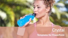  Presentation with benefits of drinking water - Slide set having sports nutrition - portrait of woman drinking water background and a  colored foreground