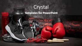  Presentation with dark grey - Slide deck having sports nutrition boxing gloves foam roller dumbbell jump rope water bottle and sneakers on dark grey background with copy space fitness sport or healthy lifestyle concept background and a dark gray colored foreground