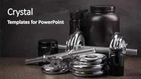  Presentation with nutrition supplements - Theme having sports nutrition supplements and dumbbells background and a dark gray colored foreground