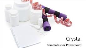  Presentation with nutrition supplements - PPT theme enhanced with sports nutrition supplements and dumbbells background and a white colored foreground